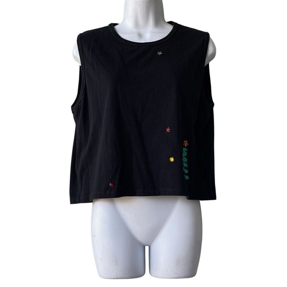 Michael Simon Knit Tank Top Size Large Black Holiday Studs Ribbon Christmas Tree